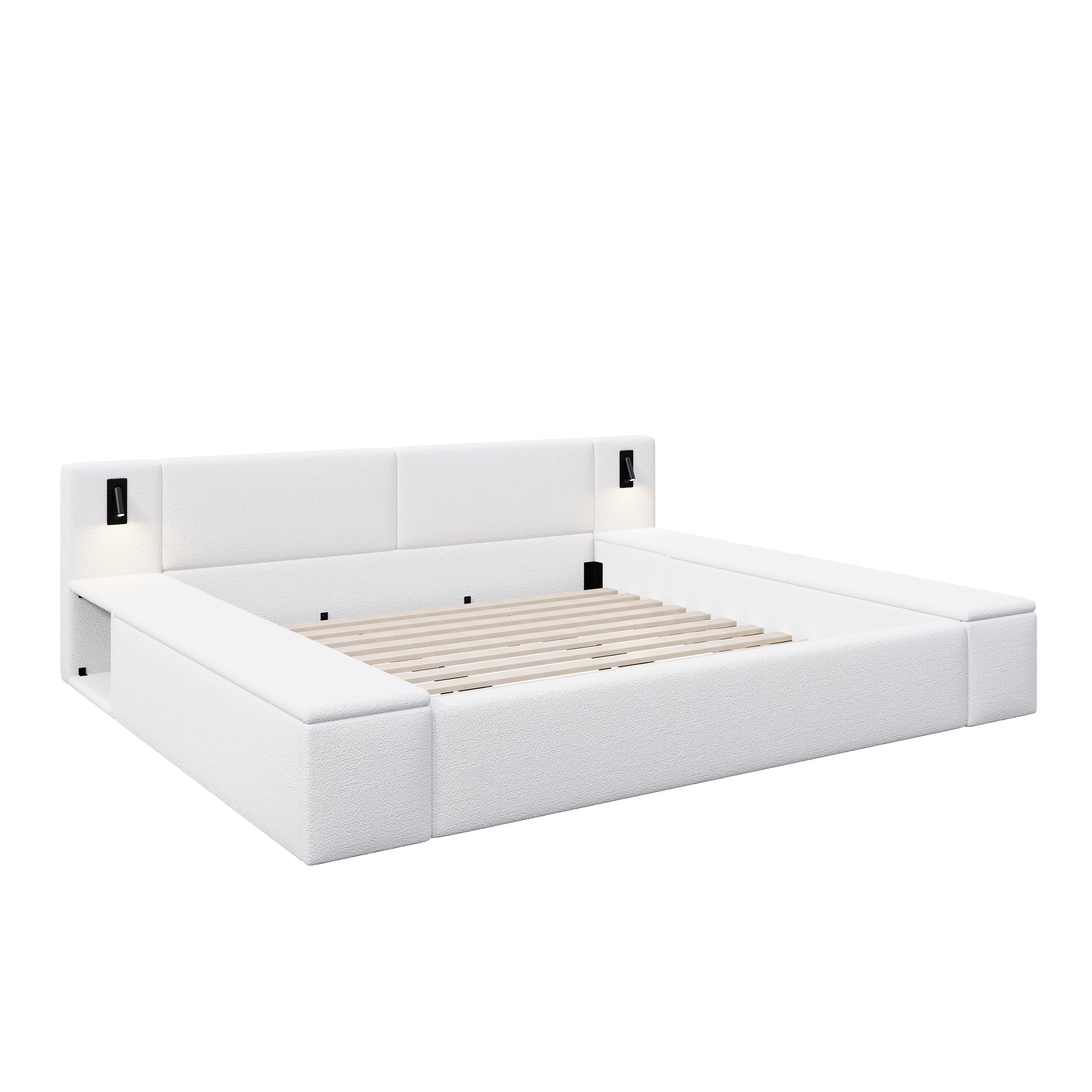 Queen Size Teddy Fleece Upholstered Platform Bed Frame with Massive Hidden Storage, Modern Bouclé Fabric Bed with Built-in Nightstands & LED Reading Lights, Wood Slats, No Box Spring Needed, White image 9