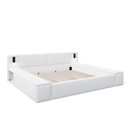 Queen Size Teddy Fleece Upholstered Platform Bed Frame with Massive Hidden Storage, Modern Bouclé Fabric Bed with Built-in Nightstands & LED Reading Lights, Wood Slats, No Box Spring Needed, White image 9