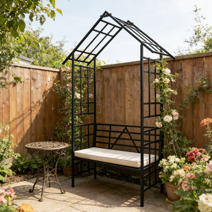 Metal Garden Arch with Bench Turned into Flower Stand W58.07*H97.24 Climbing Plants Support Rose Arch Outdoor Black image 9