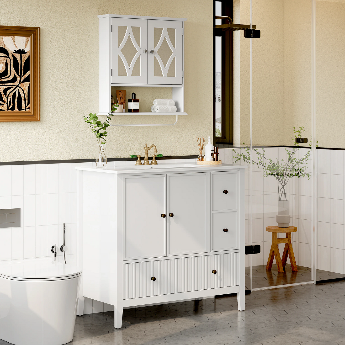 36'' Bathroom Vanity with Sink Set, Bathroom Storage Cabinet with Doors and Drawers, Modern Vanity Sink Cabinet with Painted Surface, White image 12