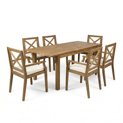 7 Pieces Acacia Wood Outdoor Dining Set with Cream Cushions,Modern 6 Chairs 1 Large Table,Dining Furniture Set for Lawn, Backyard, Garden Deck,Poolside,Teak image 3
