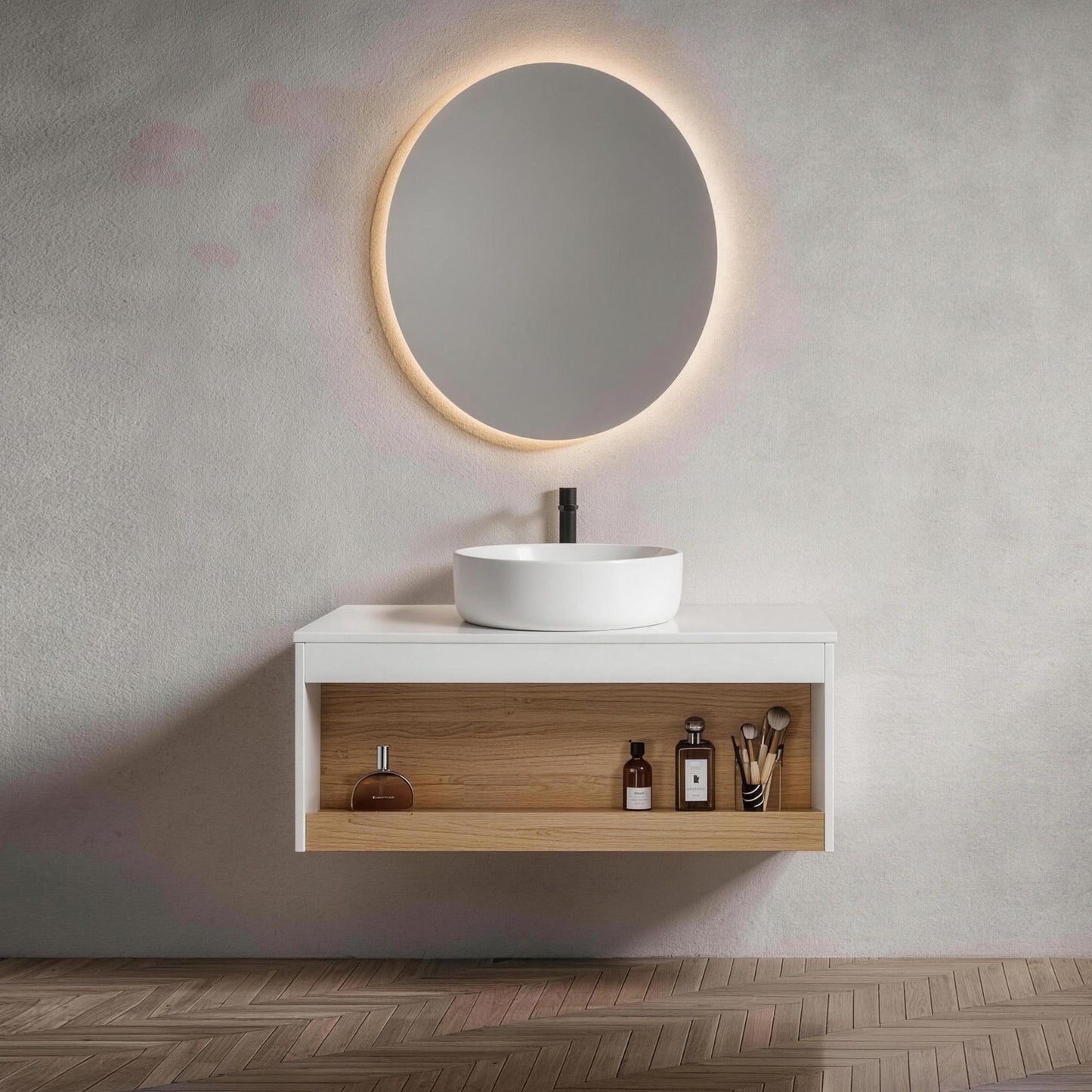 36" Floating Bathroom Vanity with Glossy White Round Vessel Sink, Wall-Mounted Vanity with Open Shelf Storage, White Finish with Durable Countertop, Space-Saving Modern Design (Ships in 2 Boxes) image 1