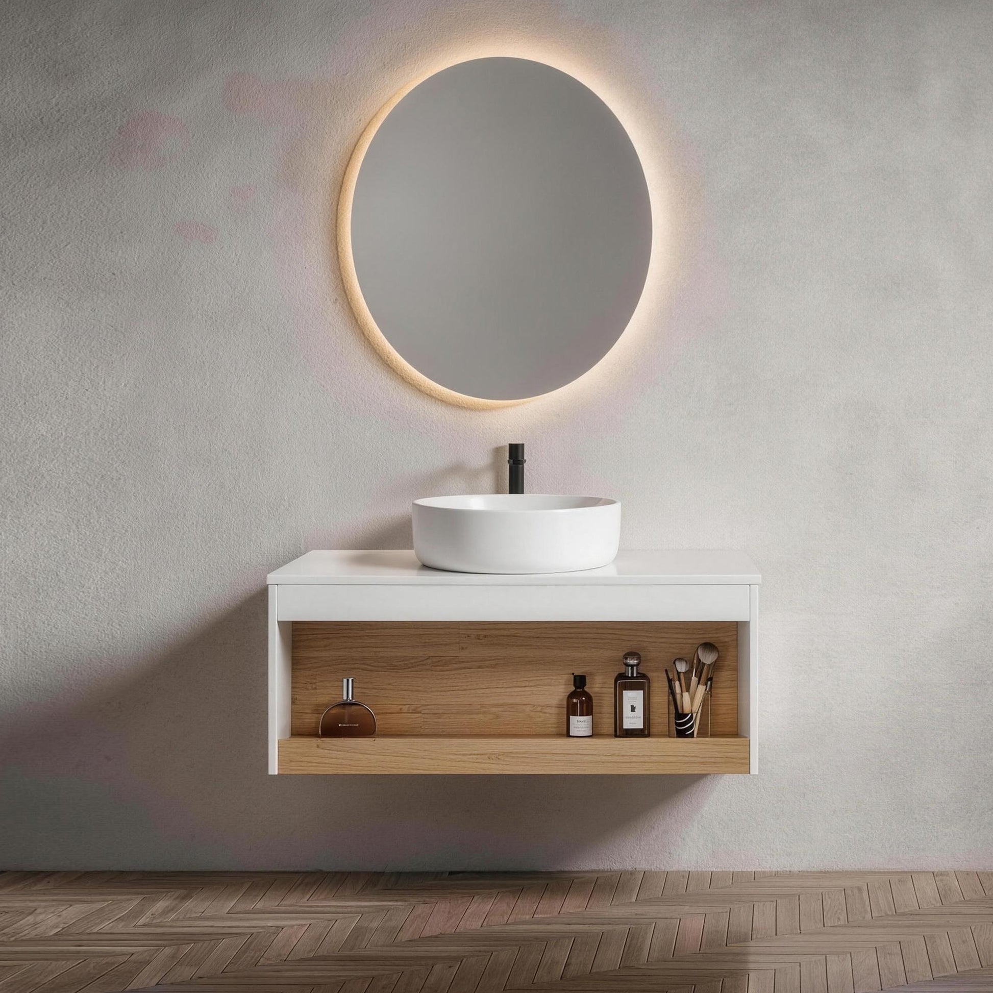 36" Floating Bathroom Vanity with Glossy White Round Vessel Sink, Wall-Mounted Vanity with Open Shelf Storage, White Finish with Durable Countertop, Space-Saving Modern Design (Ships in 2 Boxes) image 1