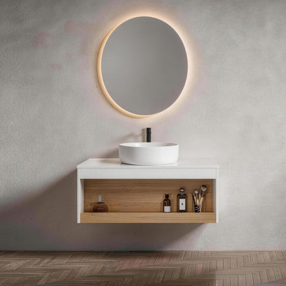 36" Floating Bathroom Vanity with Glossy White Round Vessel Sink, Wall-Mounted Vanity with Open Shelf Storage, White Finish with Durable Countertop, Space-Saving Modern Design (Ships in 2 Boxes) image 1