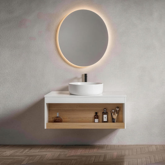 36 inch floating bathroom vanity with glossy white round vessel sink front view
