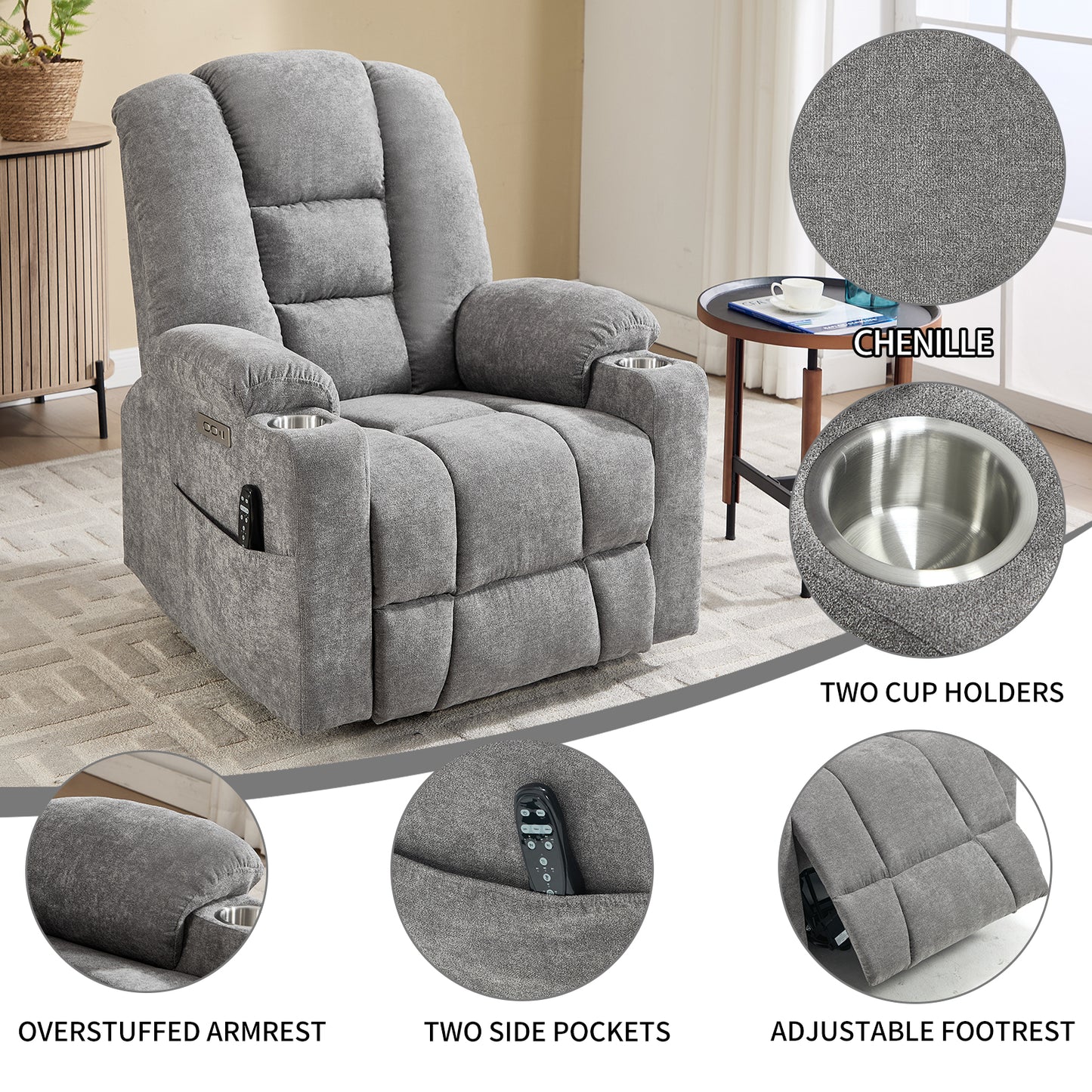 Power Lift Recliner Chair with Massage and Heat for Elderly, Overstuffed Wide Recliners, Heavy Duty Motion Mechanism with USB and Type C Ports, 2 Steel Cup Holders, Light Grey image 8