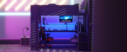 Wood Full Size Gaming Loft Bed with Desk, Multi-storage Shelves, LED and Charging Station, Dark Gray(Old SKU:SM000374AAE) image 9