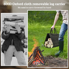 Outsunny Firewood Rack with Removable Log Carrier, Heavy Duty Log Rack with Handles, Indoor Outdoor Wood Storage Holder for Fireplace, 19.3" x 13.4" x 17.3", Black