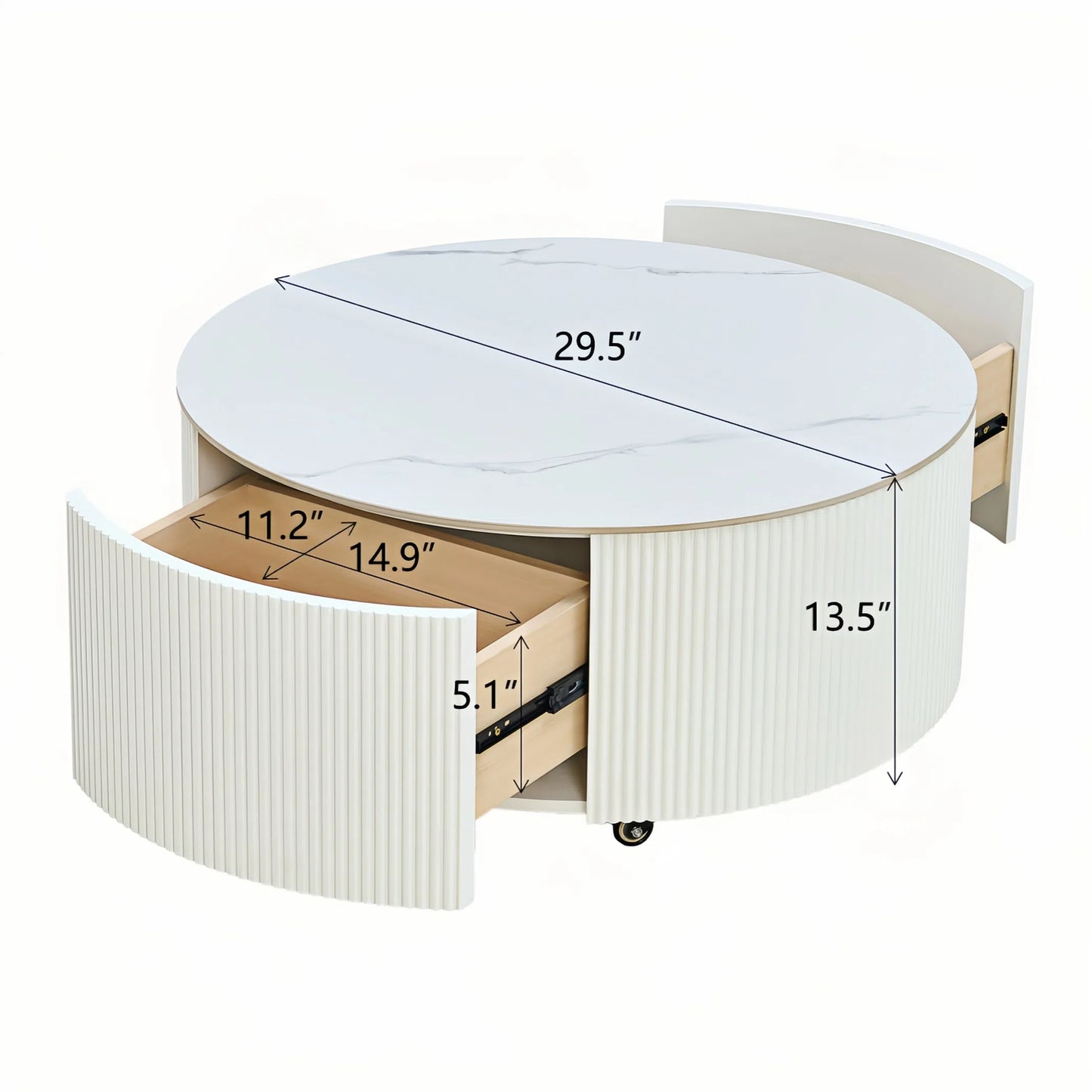 Modern Round Movable Coffee Table with Casters, 2 Drawers, Marble Pattern Sintered Stone Top, White, 29.5" image 6