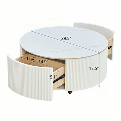 Modern Round Movable Coffee Table with Casters, 2 Drawers, Marble Pattern Sintered Stone Top, White, 29.5" image 6
