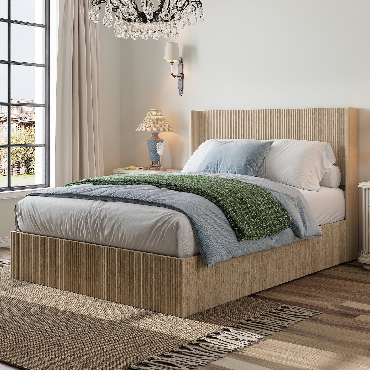 A large raised and undulating storage bed frame with grooves. The wooden platform bed frame has a storage function that can be lifted, without requiring a spring box / no noise. Oak color (Queen) image 3