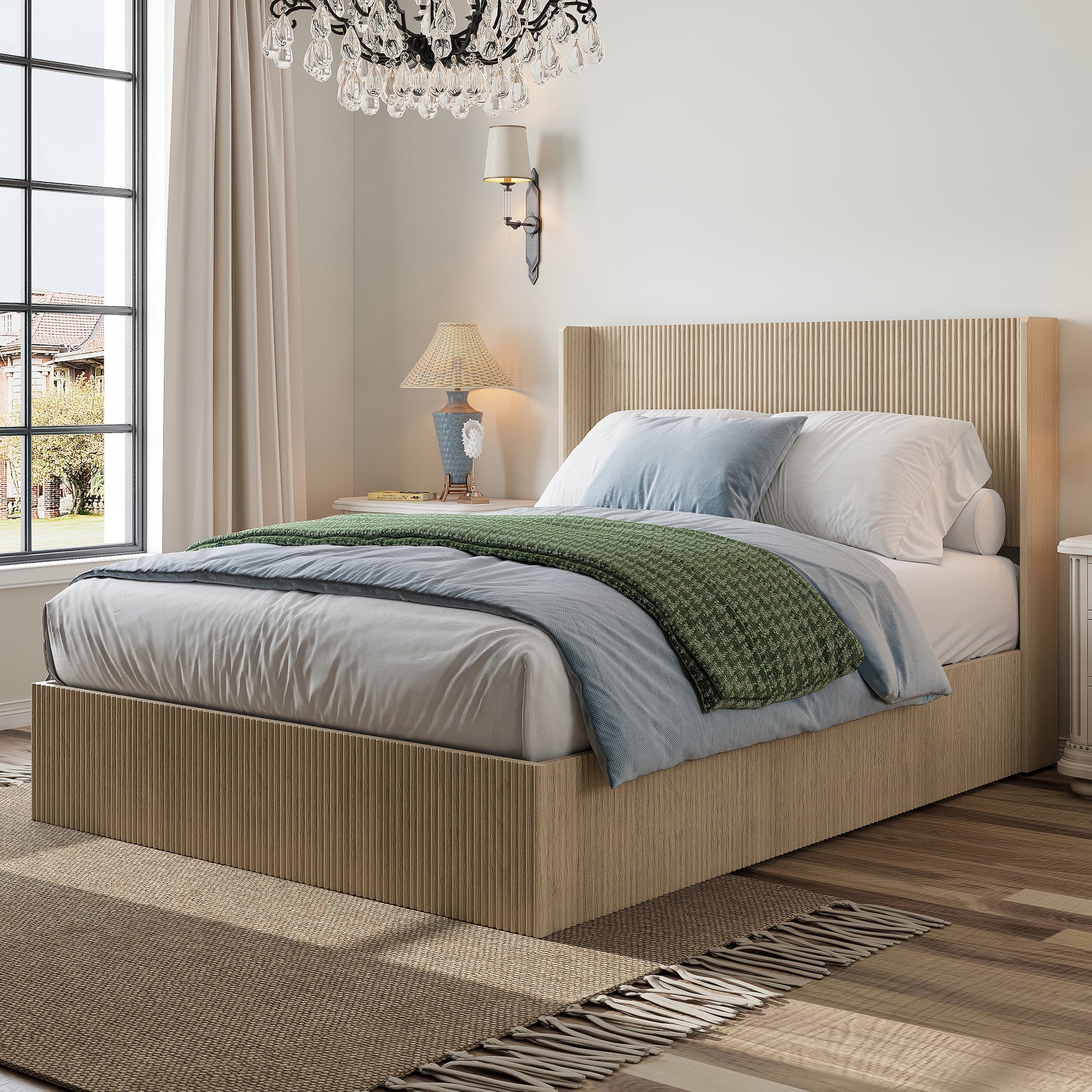 A large raised and undulating storage bed frame with grooves. The wooden platform bed frame has a storage function that can be lifted, without requiring a spring box / no noise. Oak color (Queen) image 3