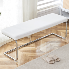 Stylish White Leather Shoe Changing Stool with Silver Metal Legs