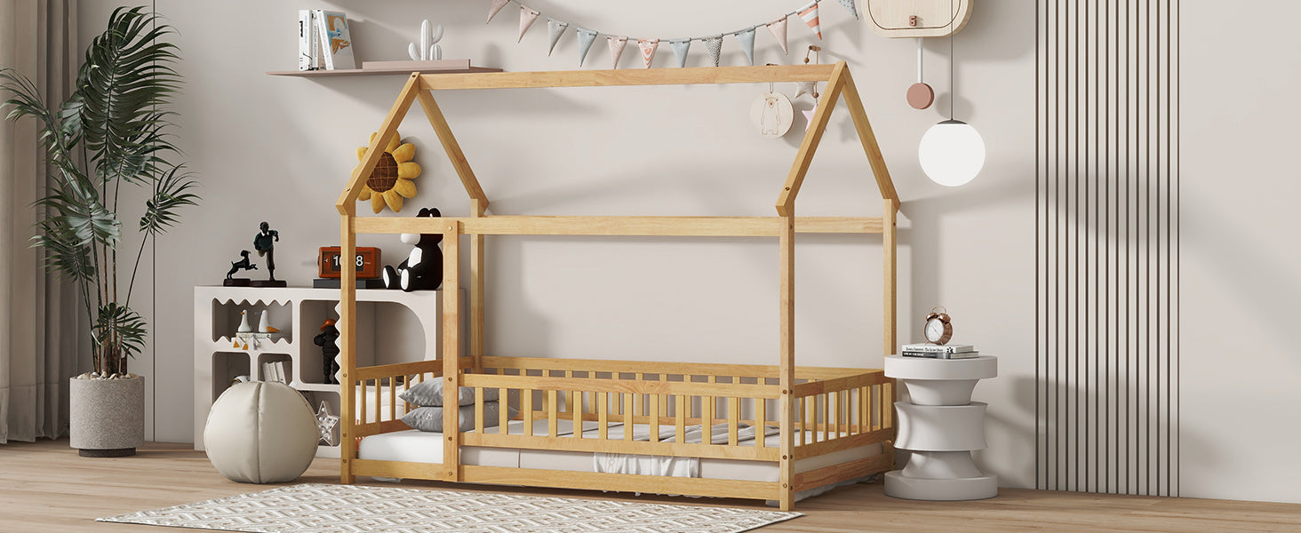 Twin Size House Floor Wooden Bed with Roof Frame,Safety Guardrails,Natural (Old Sku W504P286404) image 7