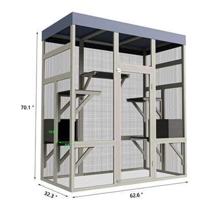 62.6" Wooden Catio for Cats, Large Cat Enclosure with Waterproof cover, 2 Napping House, Platforms & Galvanized Metal Wire – Secure Pet Cage Shelter image 9