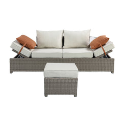 Salena Beige Fabric & Gray All-Weather Wicker Patio Sofa & Ottoman with 2 Toss Pillows