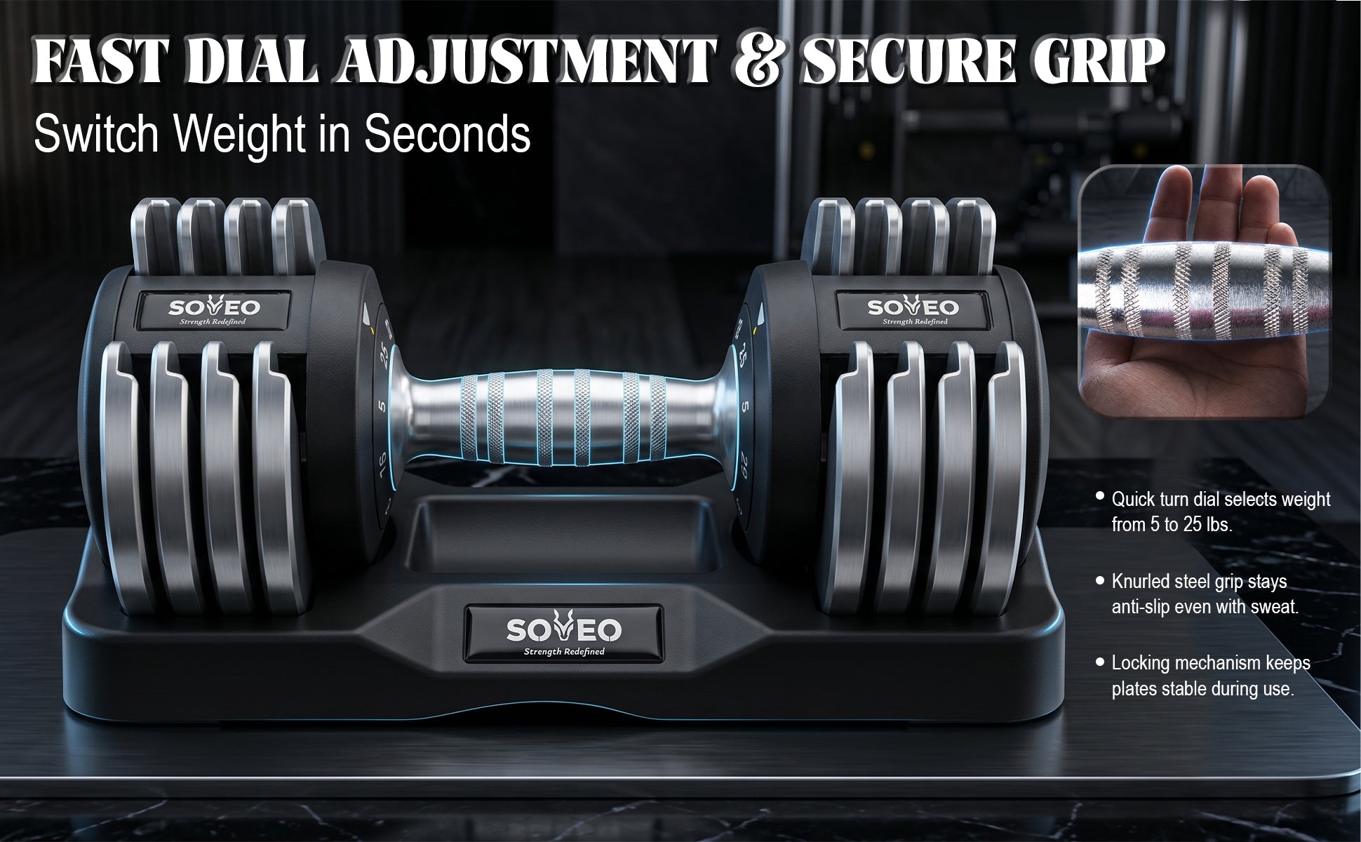 Adjustable Dumbbell Set, 10-in-1 25LB/55LB Adjustable Dumbbells with Lock System, Fast 1 Sec Adjustment, Non-Slip Grip & Storage Tray, Home Gym Workout Weights for Men Women image 4