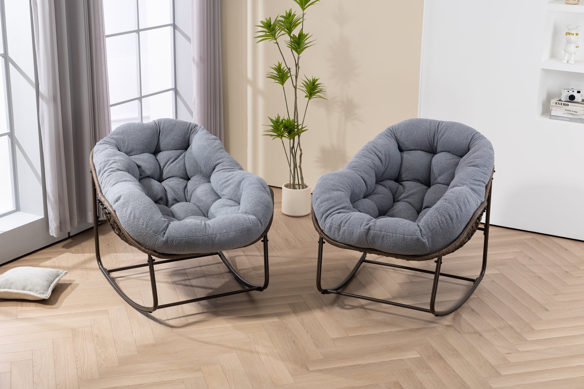 Outdoor Rattan Rocking Chair,Padded Cushion Rocker Recliner Chair Outdoor for Front Porch, Living Room, Patio, Garden, Grey image 1