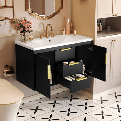 36'' Wall Mounted Bathroom Vanity with Resin Sink, Floating Bathroom Storage Cabinet with 2 Drawers, Solid Wood Bathroom Cabinet (Same as N710S236003B) image 2