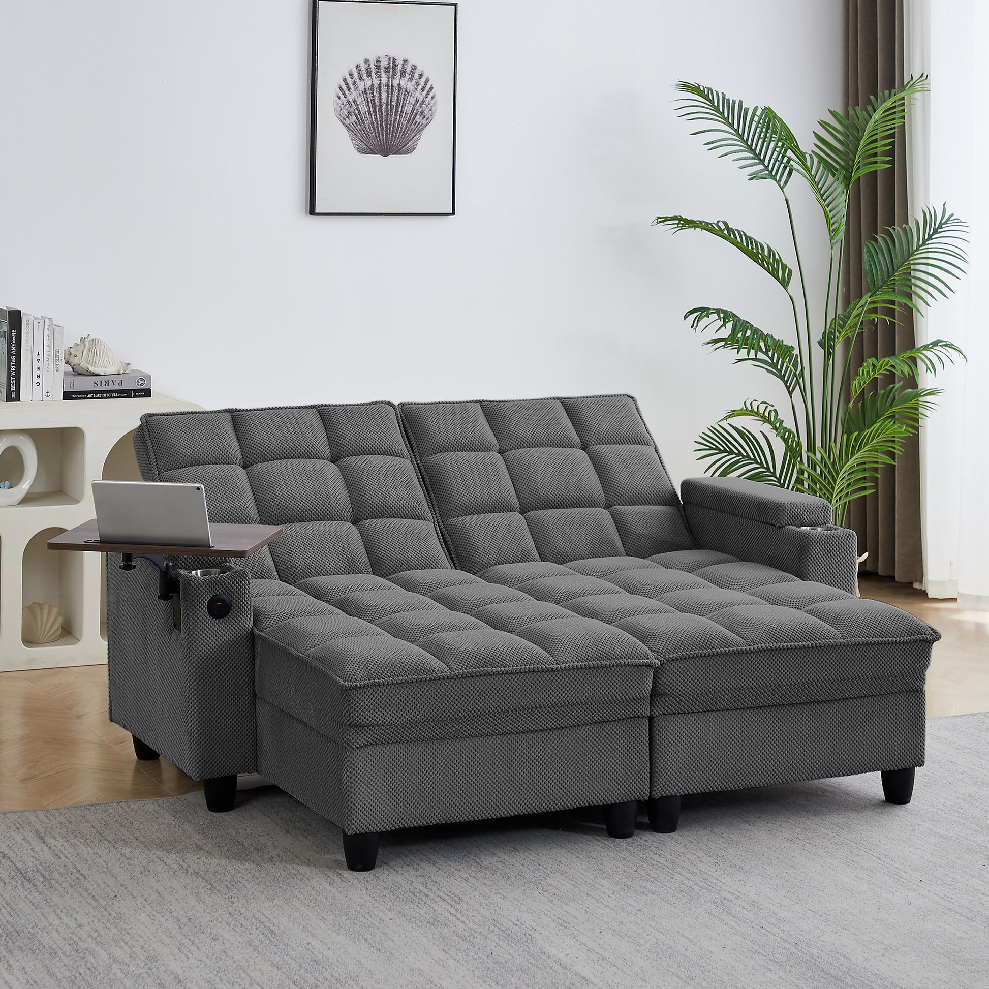 Dark Grey Sofa,Sleeper Sofa Bed with 6-Position Adjustable Backrest,USB Ports, Cup Holder and Swivel Side Table image 6
