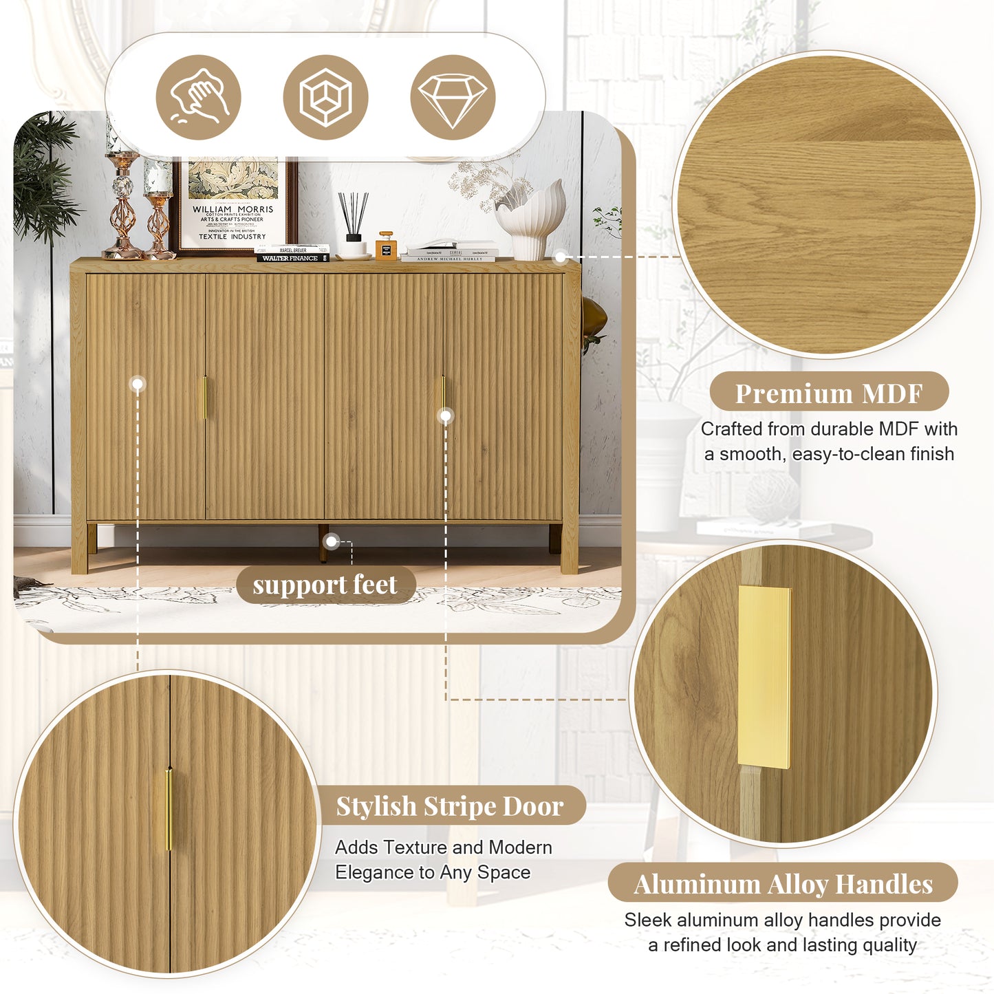 U_STYLE Modern 57.5" Stripe Door Storage Cabinet, 4-Door Sideboard with Back-of-Door Storage Racks & Side Hooks, Adjustable Shelves, MDF Cabinet with Aluminum Handles for Living Room, Dining Room image 6