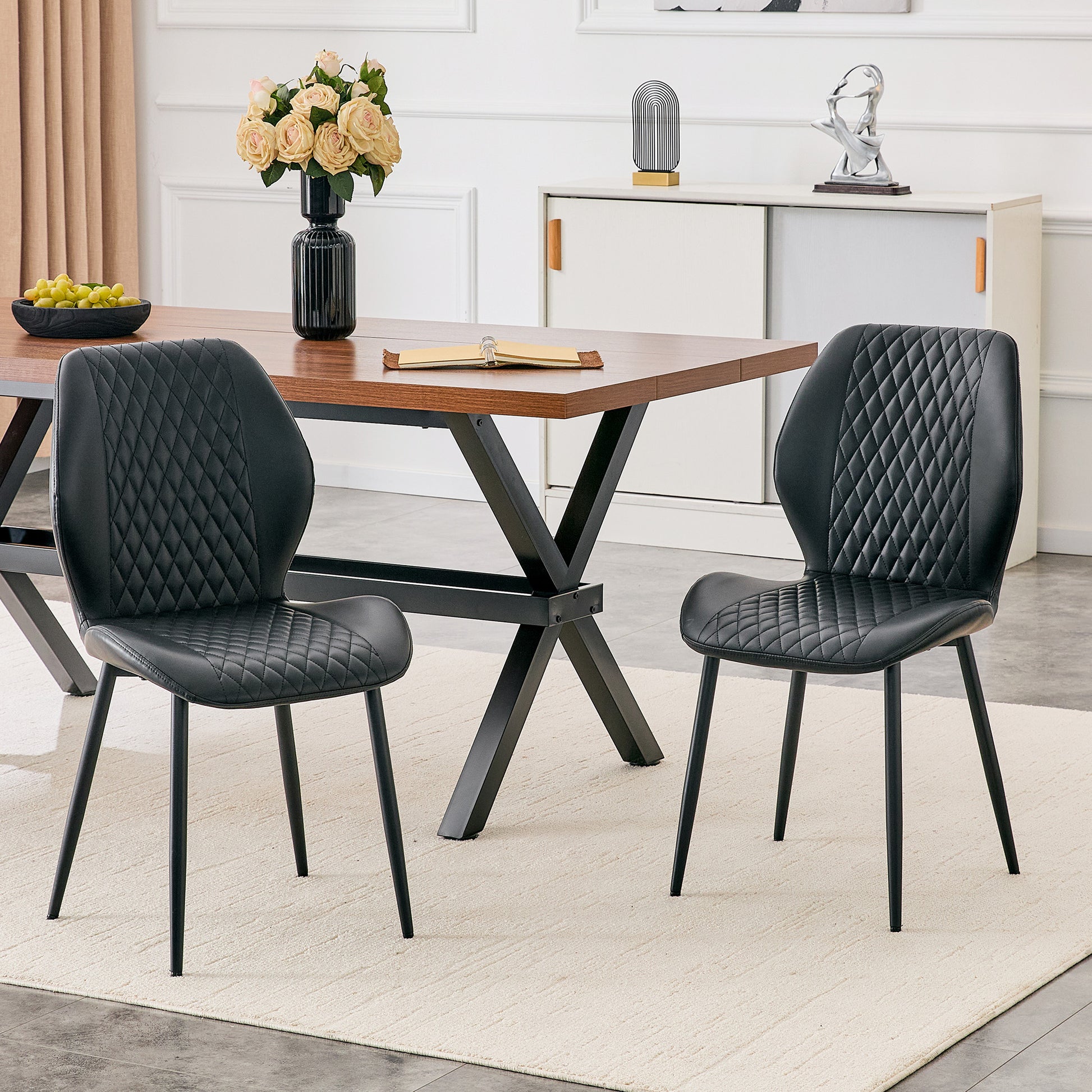 Set of 4 modern light luxury black diamond-quilted PU chairs with black metal legs. Suitable as upholstered dining chairs with backrests for home dining rooms, adaptable to a wide range of scenarios. image 2