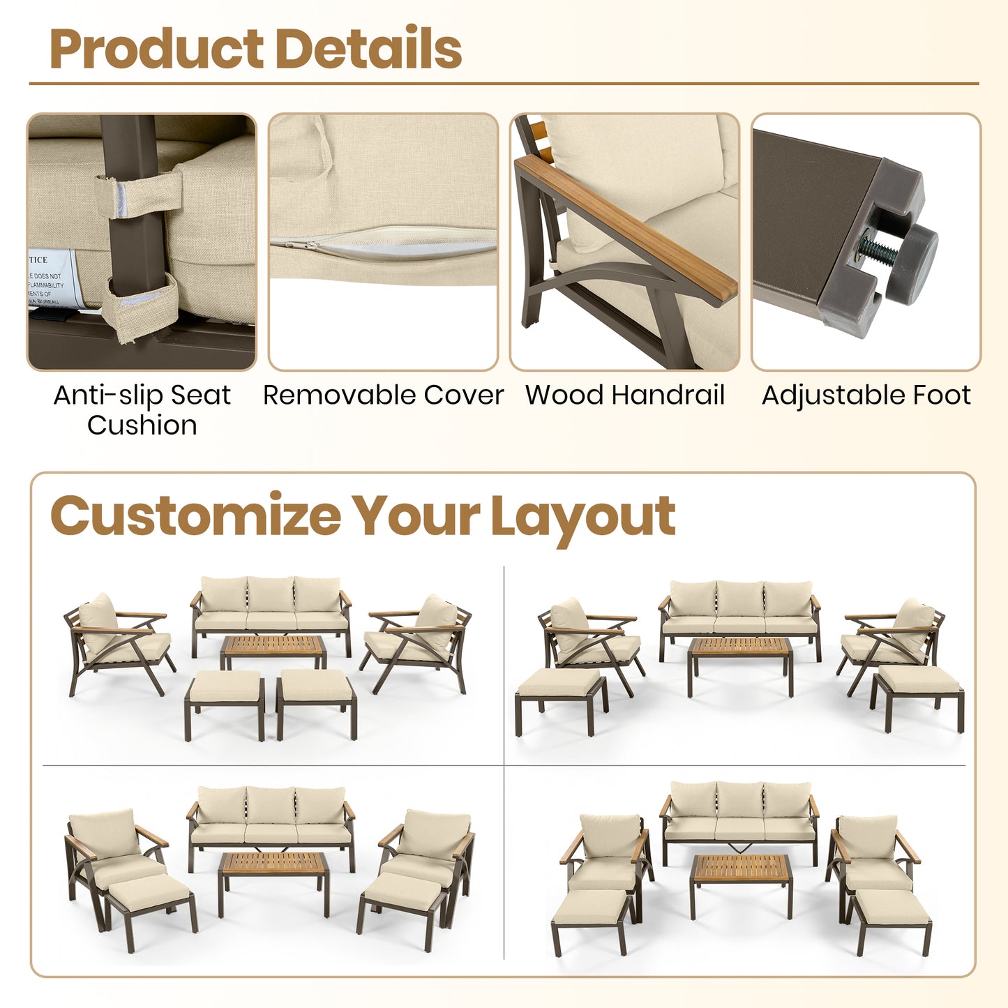 6-Piece Outdoor Patio Furniture Set, Steel Frame Sofa Set with 3-Seat Couch, 2 Armchairs, 2 Ottomans & Acacia Wood Coffee Table, Cushioned Seating for Backyard, Garden, Poolside, Beige Cushion image 10