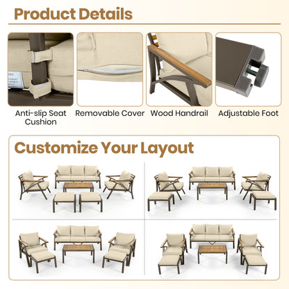 6-Piece Outdoor Patio Furniture Set, Steel Frame Sofa Set with 3-Seat Couch, 2 Armchairs, 2 Ottomans & Acacia Wood Coffee Table, Cushioned Seating for Backyard, Garden, Poolside, Beige Cushion image 10