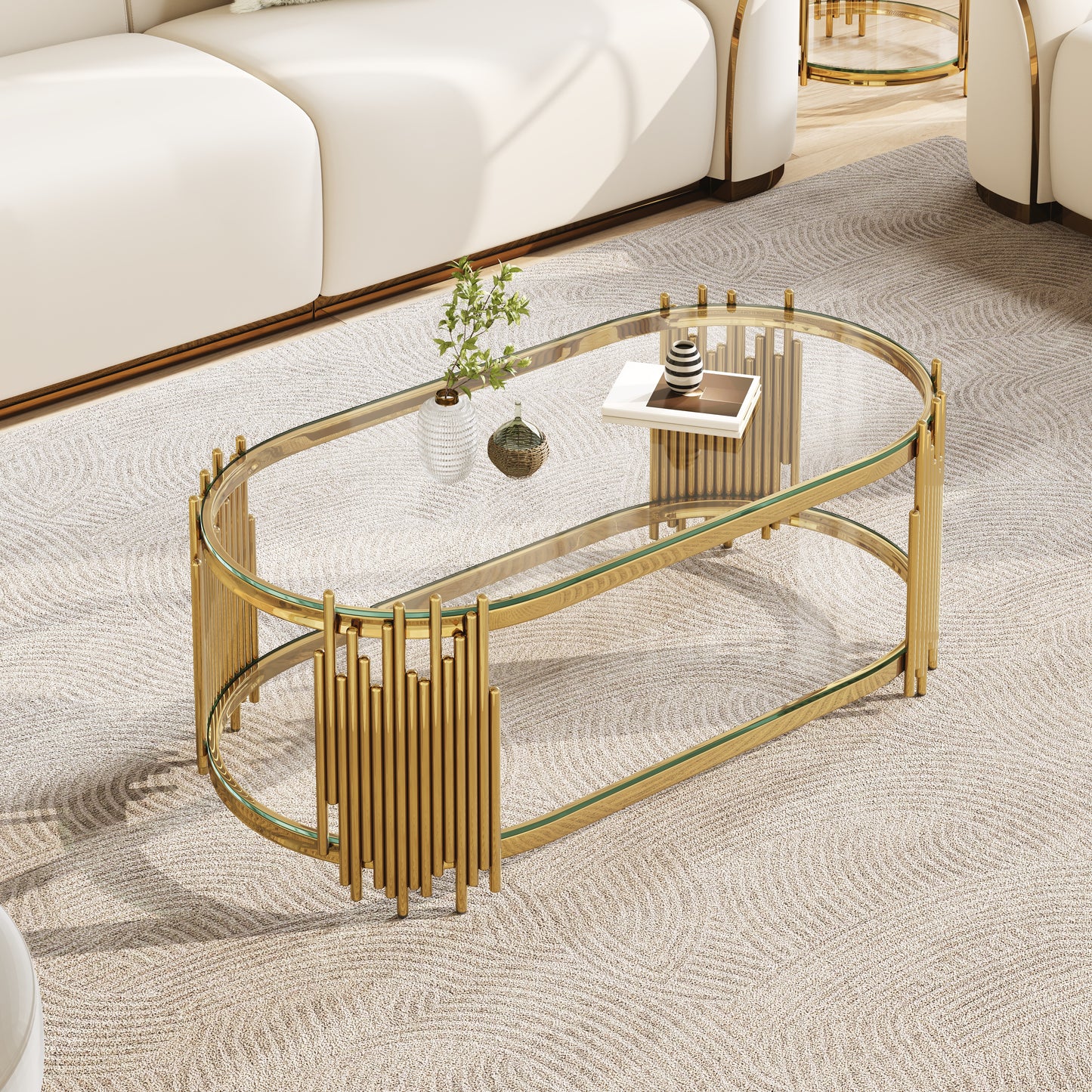 Luxury Gold Coffee Table with 2-Tier Tempered Glass Shelves, Modern Oval Center Table for Living Room, Polished Stainless Steel Frame, Artistic "Organ Pipe" Design, 47" x 23.6" x 17.7" image 3