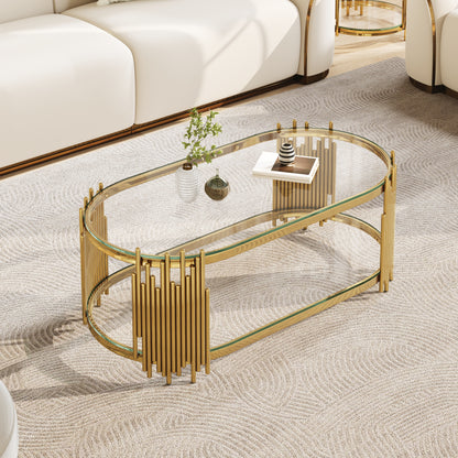 Luxury Gold Coffee Table with 2-Tier Tempered Glass Shelves, Modern Oval Center Table for Living Room, Polished Stainless Steel Frame, Artistic "Organ Pipe" Design, 47" x 23.6" x 17.7" image 3