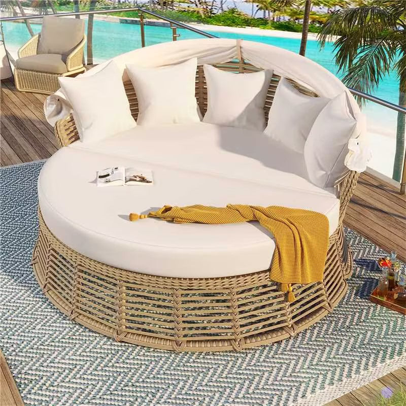 <Old SKU: N704G201243A> Outdoor Patio Rattan Round Daybed with Retractable Canopy, Wicker Furniture Round Poolside Sofa Sunbed with Removable Cushions, Backyard, Porch, Beige image 2