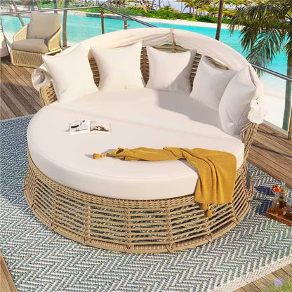 <Old SKU: N704G201243A> Outdoor Patio Rattan Round Daybed with Retractable Canopy, Wicker Furniture Round Poolside Sofa Sunbed with Removable Cushions, Backyard, Porch, Beige image 2