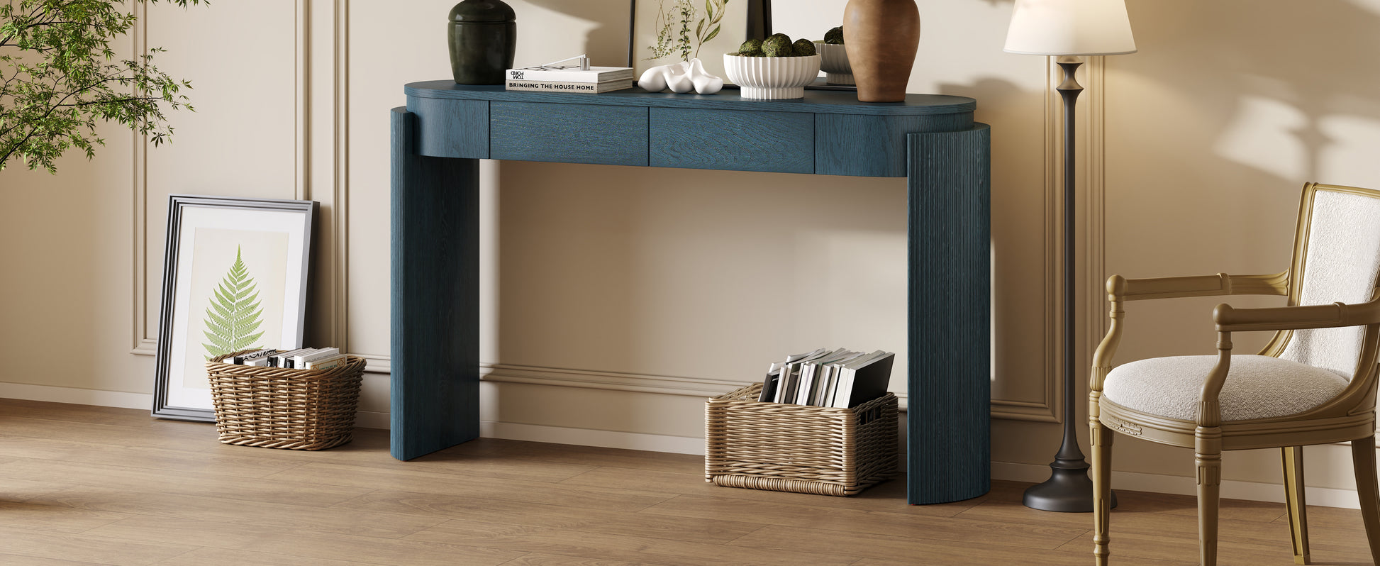 TREXM Entryway Table with Natural Wood Grain Finish, Console Table with Fluted Design, Oval Top and 2 Drawers for Entryway and Living Room (Navy) image 8