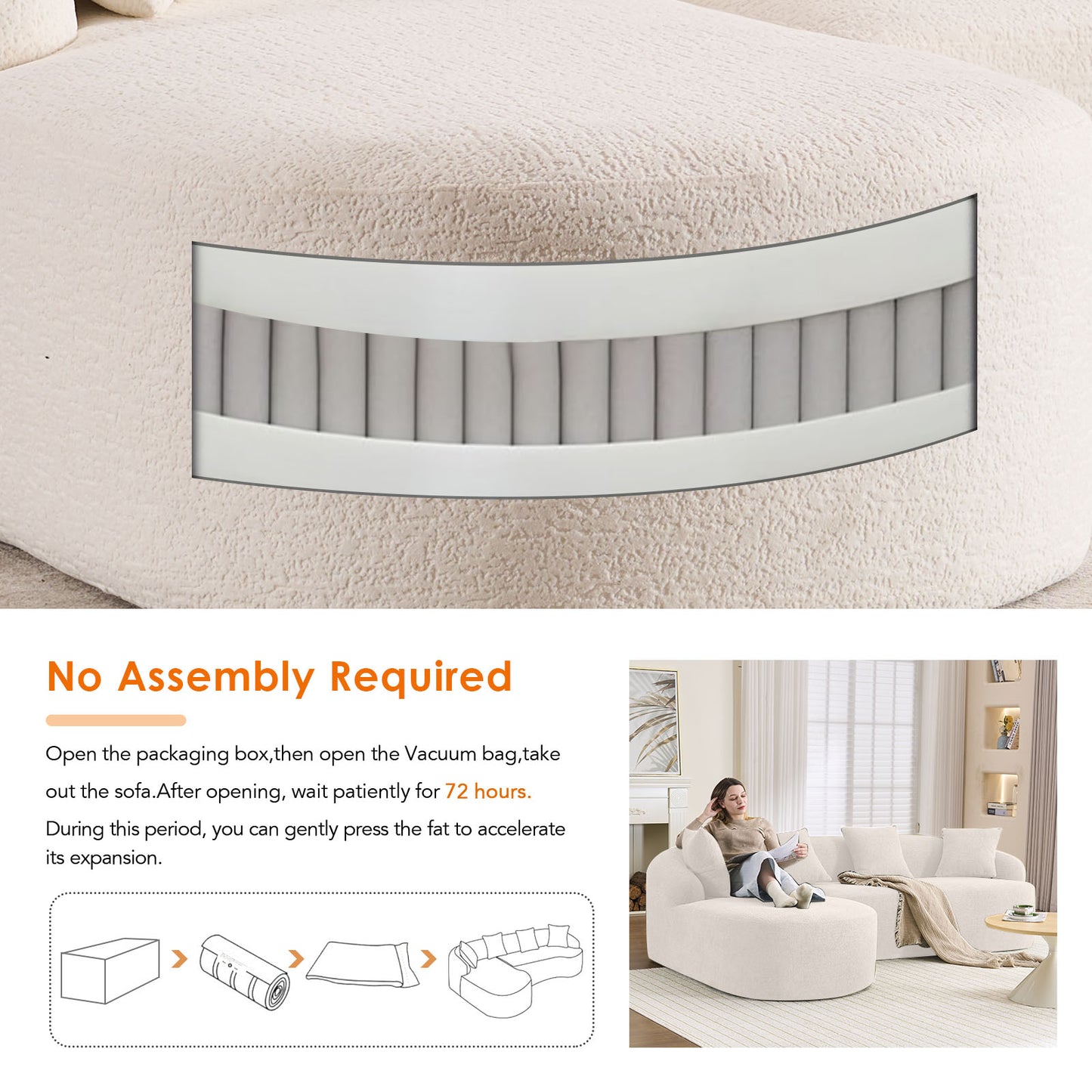 Boneless L-Shape Sectional Sofa with Curved Chaise,White Modular Chenille Compression Couch,30D High-Density Foam,Minimalist Modular Couches Sleeper for Living Room Bedroom Apartment Lounge. image 5