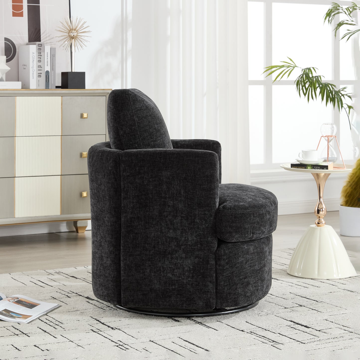Vanity Chair,Swivel Accent Chair, 360 Degree Round Swivel Barrel Chair, Upholstered Comfy Swivel Chairs for Living Room,Accent Chairs for Bedroom, Reading Room,Powder Room,Black image 5