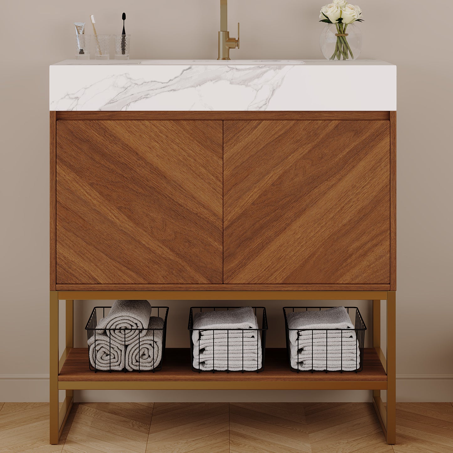 29.9" Modern Free-standing Bathroom Vanity with Ceramic Sink – Brown Oak, Soft-Close image 1