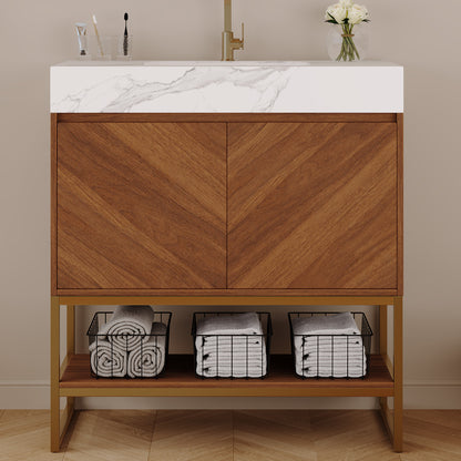 29.9" Modern Free-standing Bathroom Vanity with Ceramic Sink – Brown Oak, Soft-Close image 1