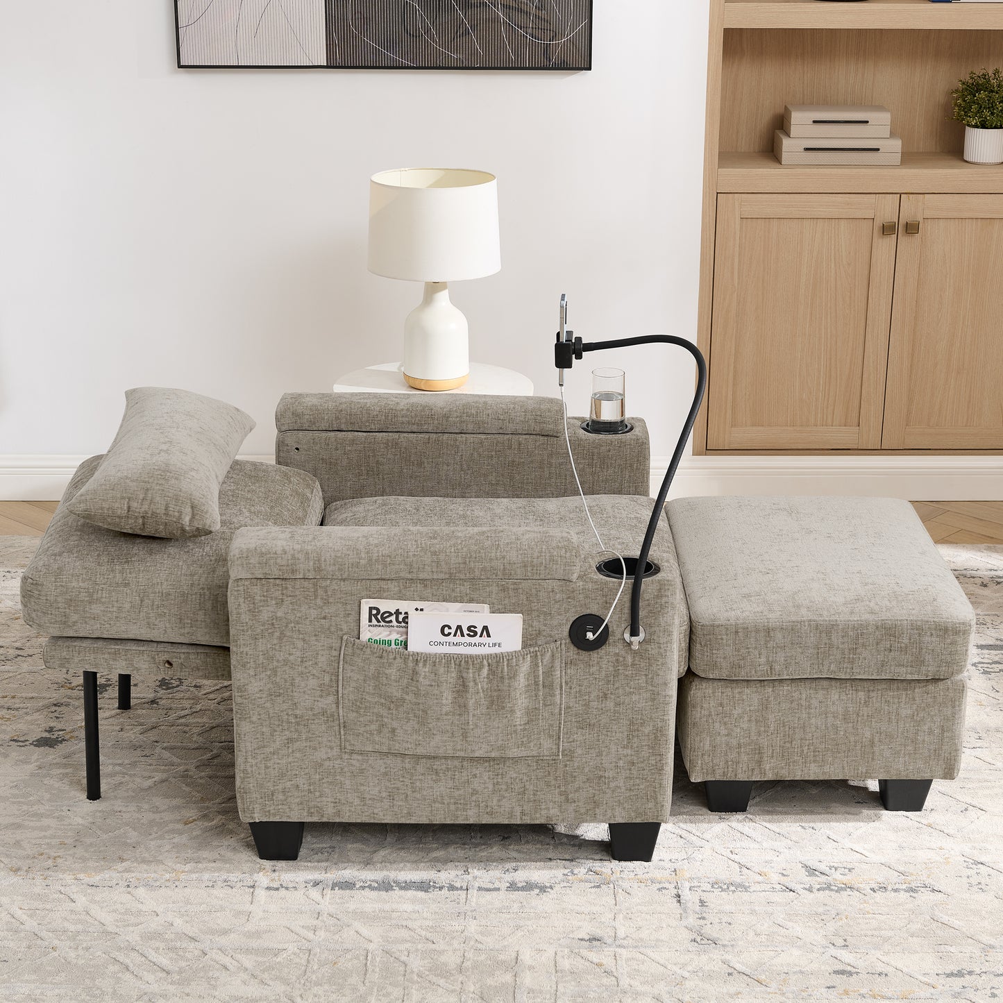 Single sofa recliner with manually adjustable backrest, USB charging port on the armrest side, phone stand included, hidden armrest storage, and a matching storage ottoman-Brown image 4