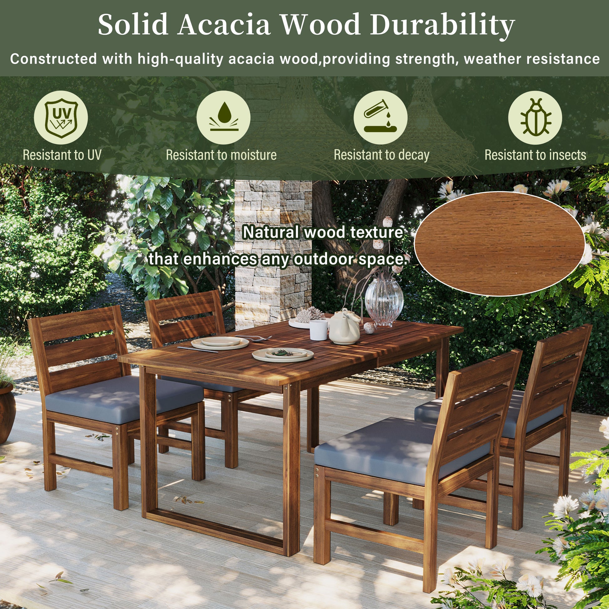 U_STYLE Farmhouse 5-Piece Outdoor Patio Dining Set with Adjustable Legs,Acacia Wood Dinning Set for 4,Suitable for Backyard, Garden, or Deck image 7