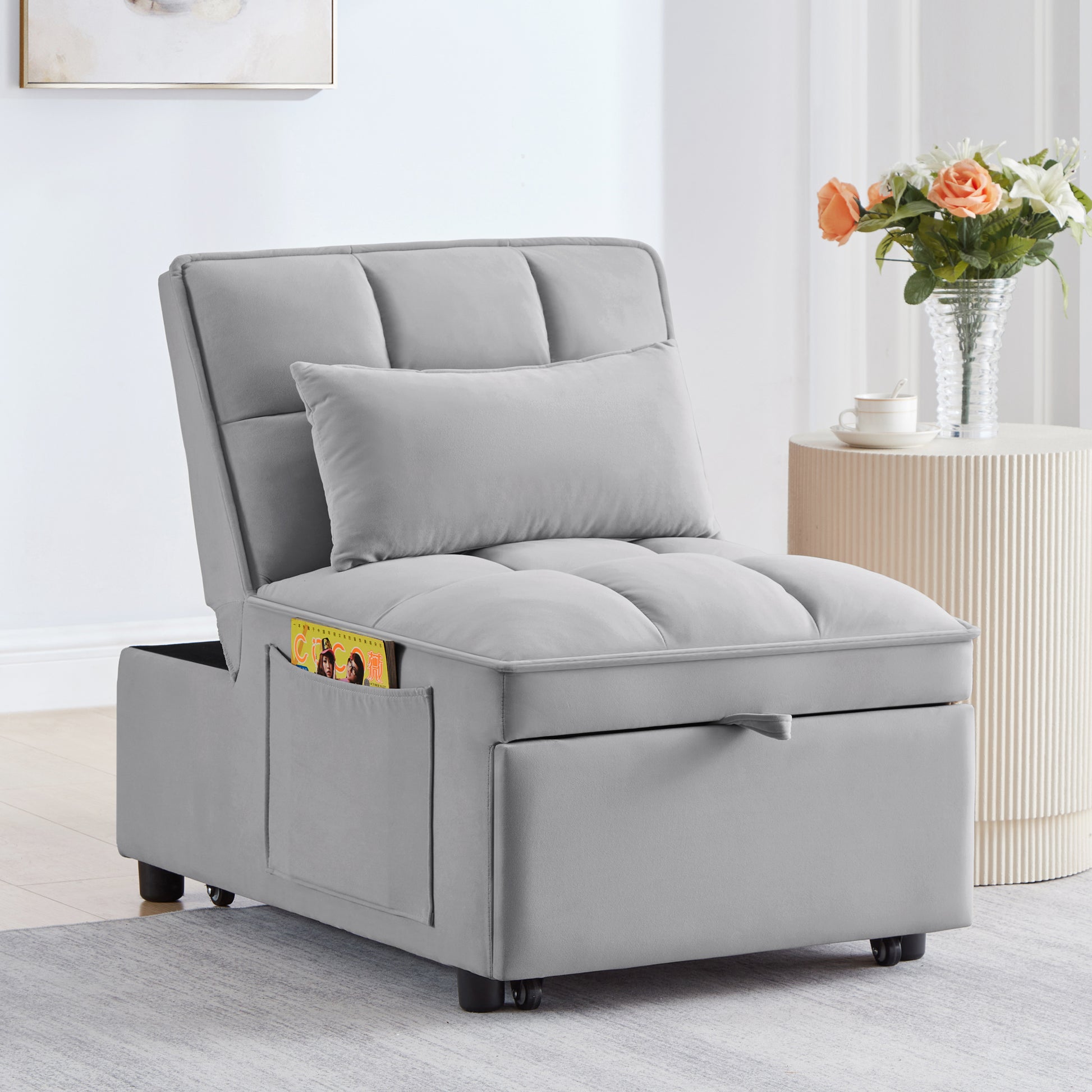 4 in1 Multi-Function Single Sofa Bed with Storage Pockets,Tufted Single Pull-out Sofa Bed with Adjustable Backrest and Pillows,Convertible Chaise Lounge,Gray image 2
