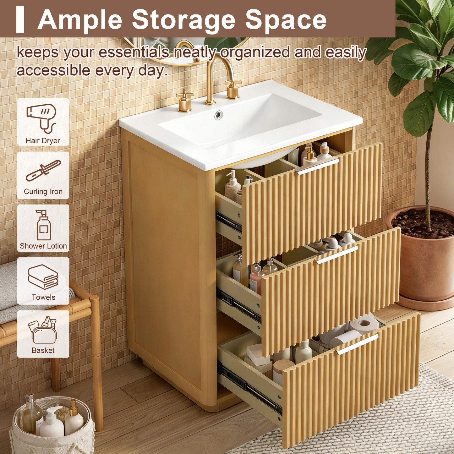 24 inch Modern Luxury Bathroom Vanity with Ceramic Sink, Bathroom Cabinet with Open Shelf and Closed Storage image 7