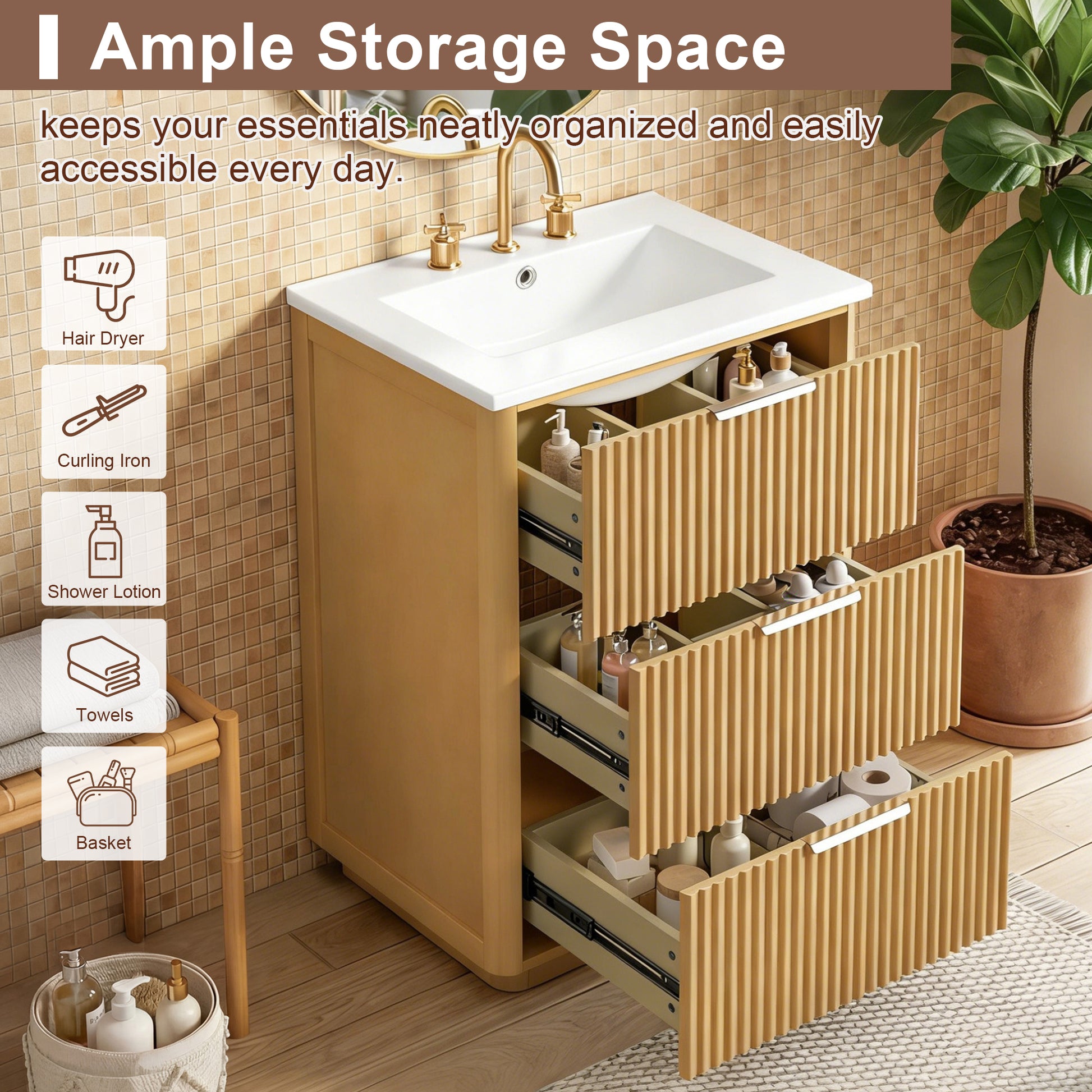 24 inch Modern Luxury Bathroom Vanity with Ceramic Sink, Bathroom Cabinet with Open Shelf and Closed Storage image 7
