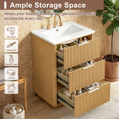 24 inch Modern Luxury Bathroom Vanity with Ceramic Sink, Bathroom Cabinet with Open Shelf and Closed Storage image 7