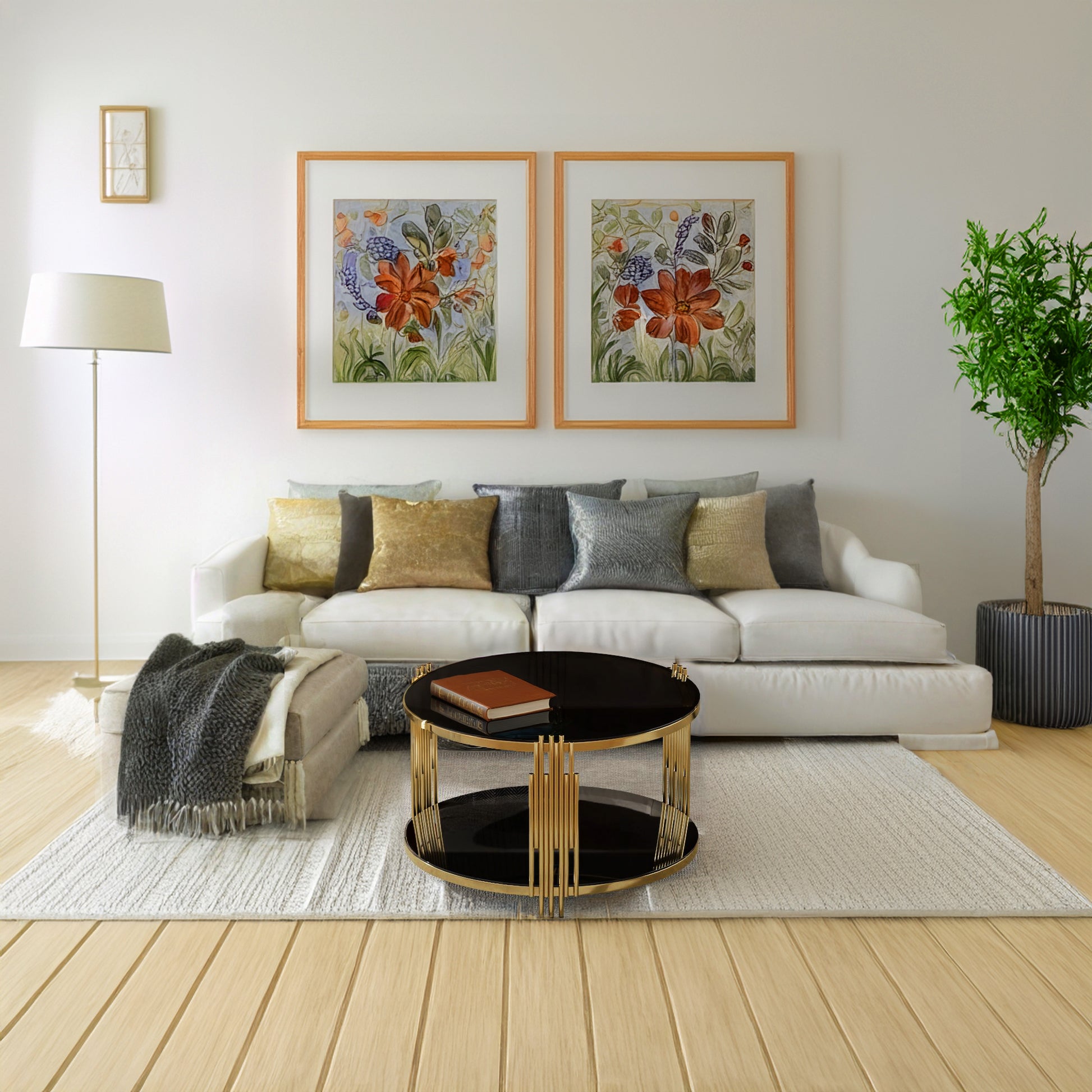 Modern Black Mirror Coffee Table, Asymmetrical Metal, Circular Metal Drum Base, Gold Finish & Lower Shelf image 9