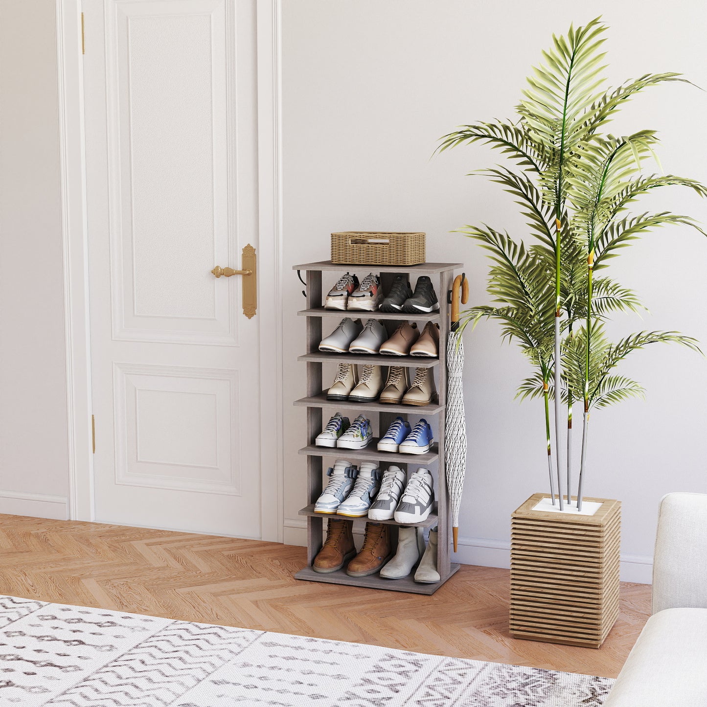 Shoe Rack,7 Tier Shoe Storage Organizer with Hooks, Entryway Shoe Tower,12-14Pairs Shoes,Vertical Shoe Organizer,Vertical Shoe Organizer,Easy Assemble,Saving Space,Rustic Gray image 4