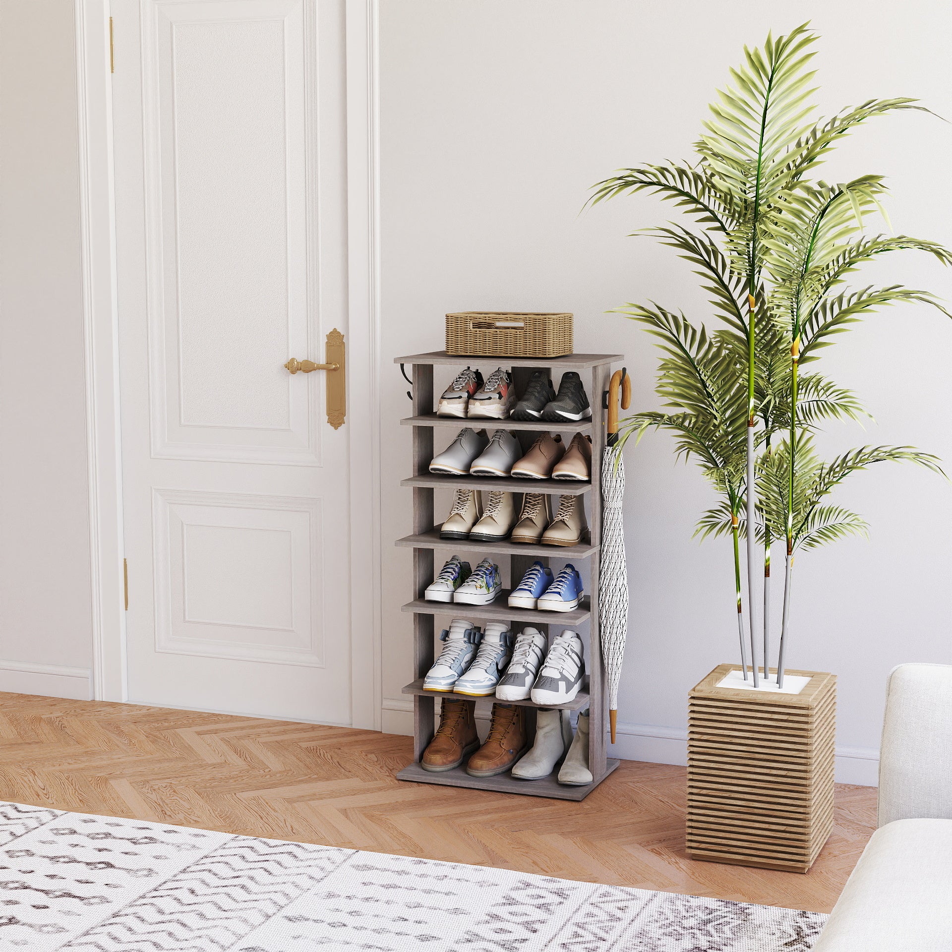 Shoe Rack,7 Tier Shoe Storage Organizer with Hooks, Entryway Shoe Tower,12-14Pairs Shoes,Vertical Shoe Organizer,Vertical Shoe Organizer,Easy Assemble,Saving Space,Rustic Gray image 4