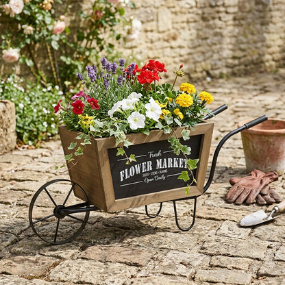19.5x8x8.3" Brown Wooden Wheelbarrow Planter with Black Iron Frame image 1