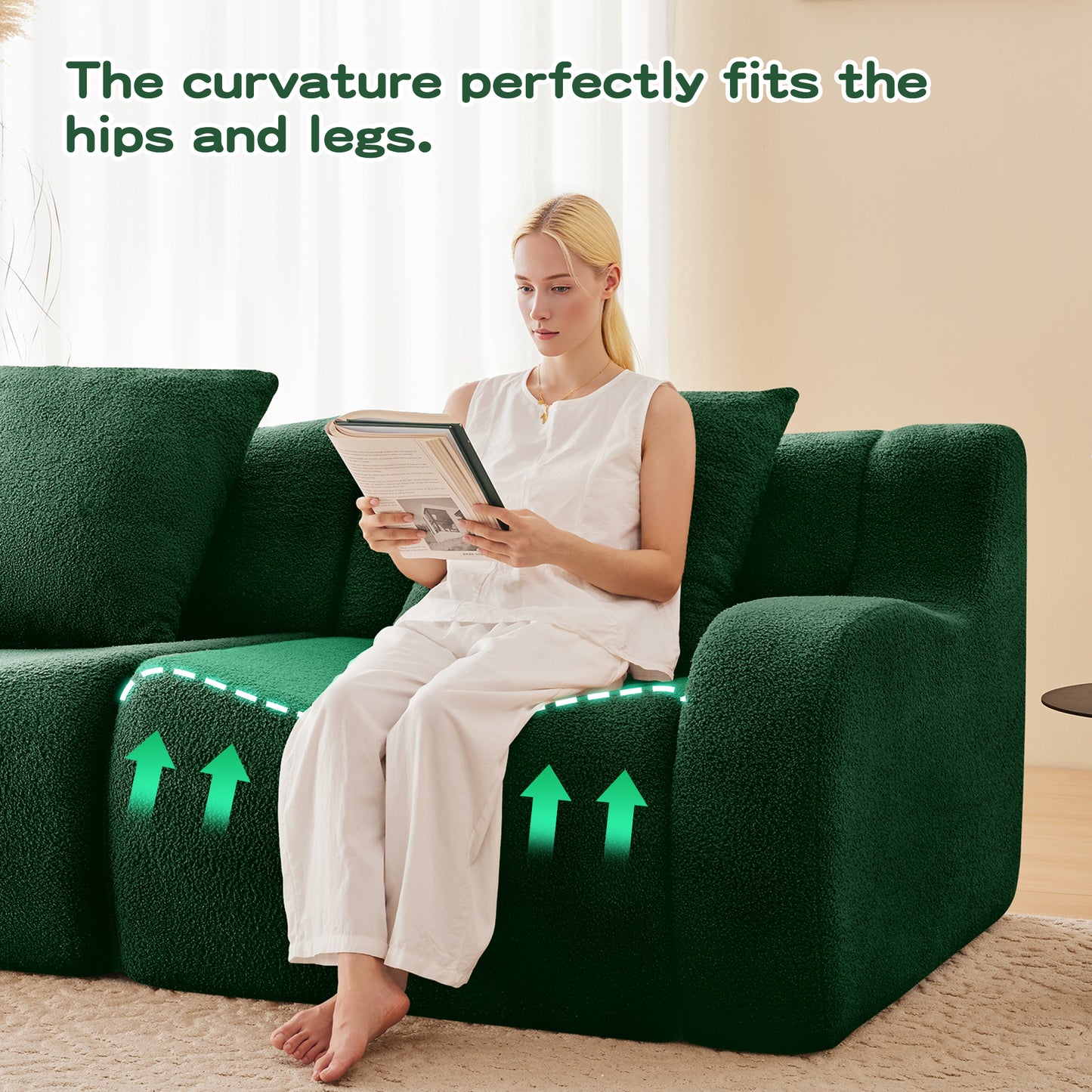 Soft Teddy Fabric Boneless Sofa,Anti-Slip Design,Assembly Chaise Lounge Curved Armrests Ergonomic Support 32D High Density Sponge,For Living Rooms Bedrooms,Green image 9