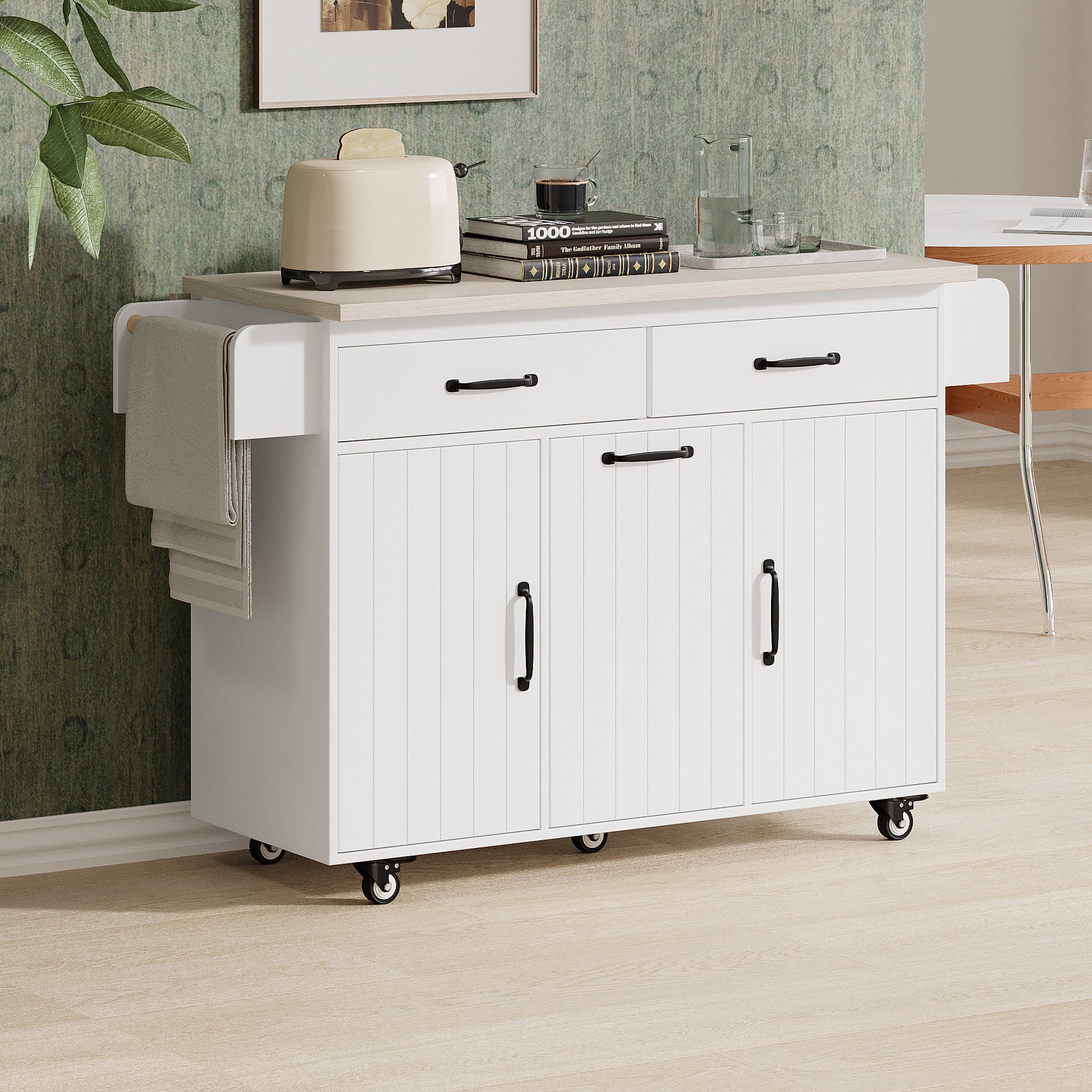K&K Kitchen Island with Trash Can Storage Cabinet, Kitchen Cart with Drop Leaf, Spice Rack, Towel Rack and Drawer, Rolling Kitchen Island on Wheels with Adjustable Shelf, White image 9