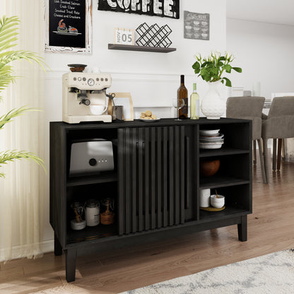 47.3" Sideboard Buffet Cabinet with Storage, Farmhouse Fluted Sideboard with 2 Doors & Solid Wood Feet, TV Media Console, Storage Cabinet for Kitchen Dining Living Room Entryway Hallway, Black image 4
